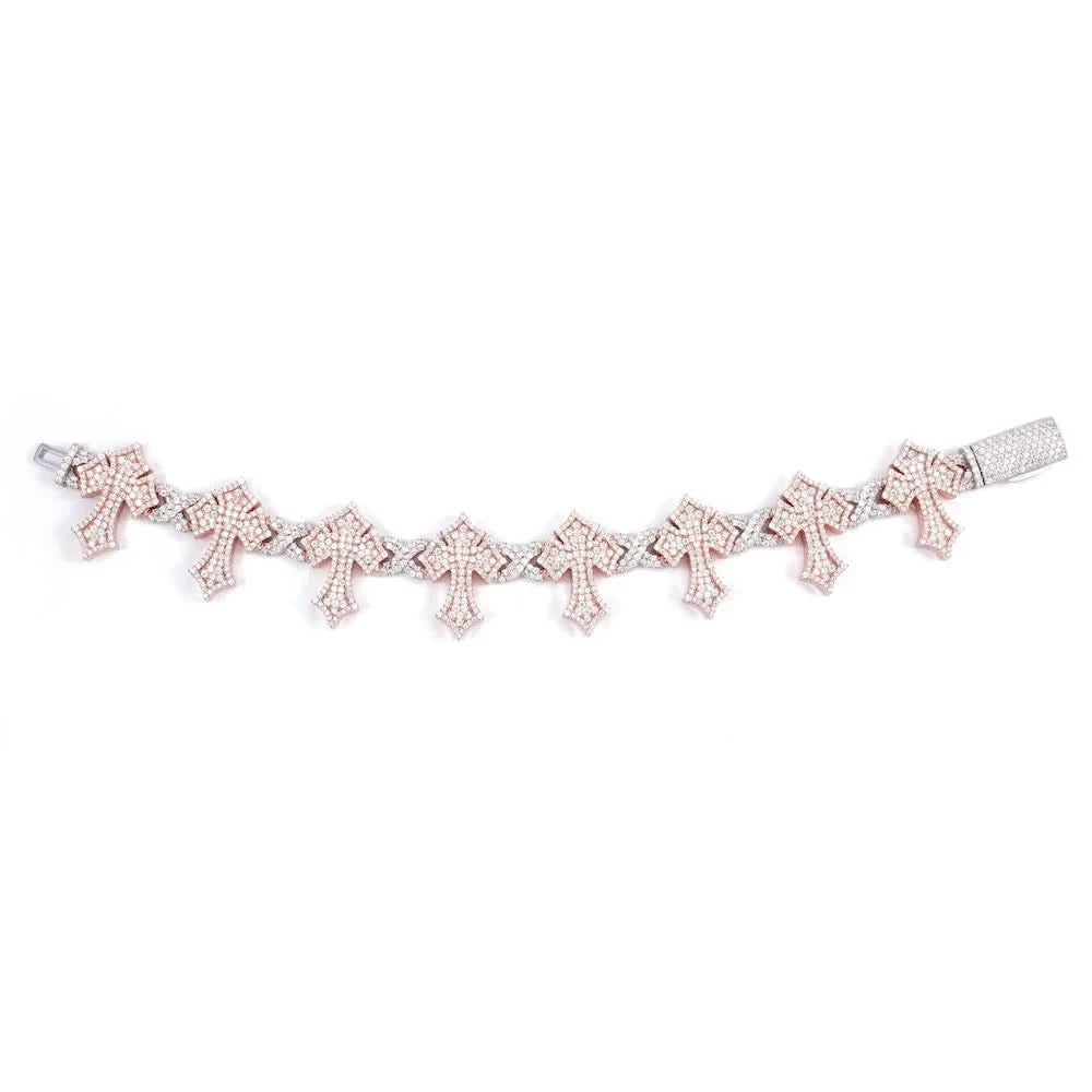 16MM Iced Out Cross Bracelet 14K Two Tone