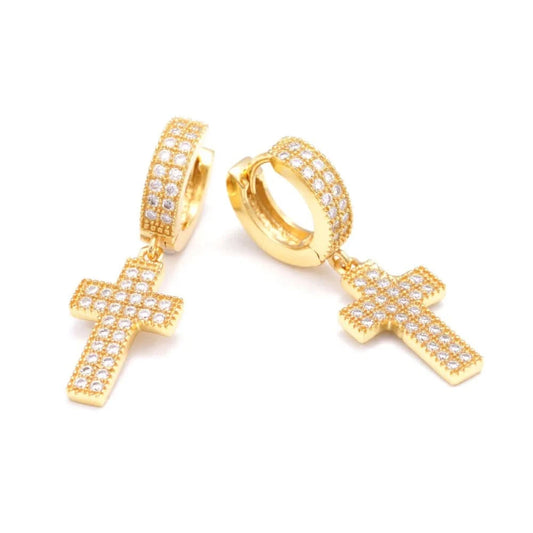 2-Row Moissanite Cross Earrings 14K Gold