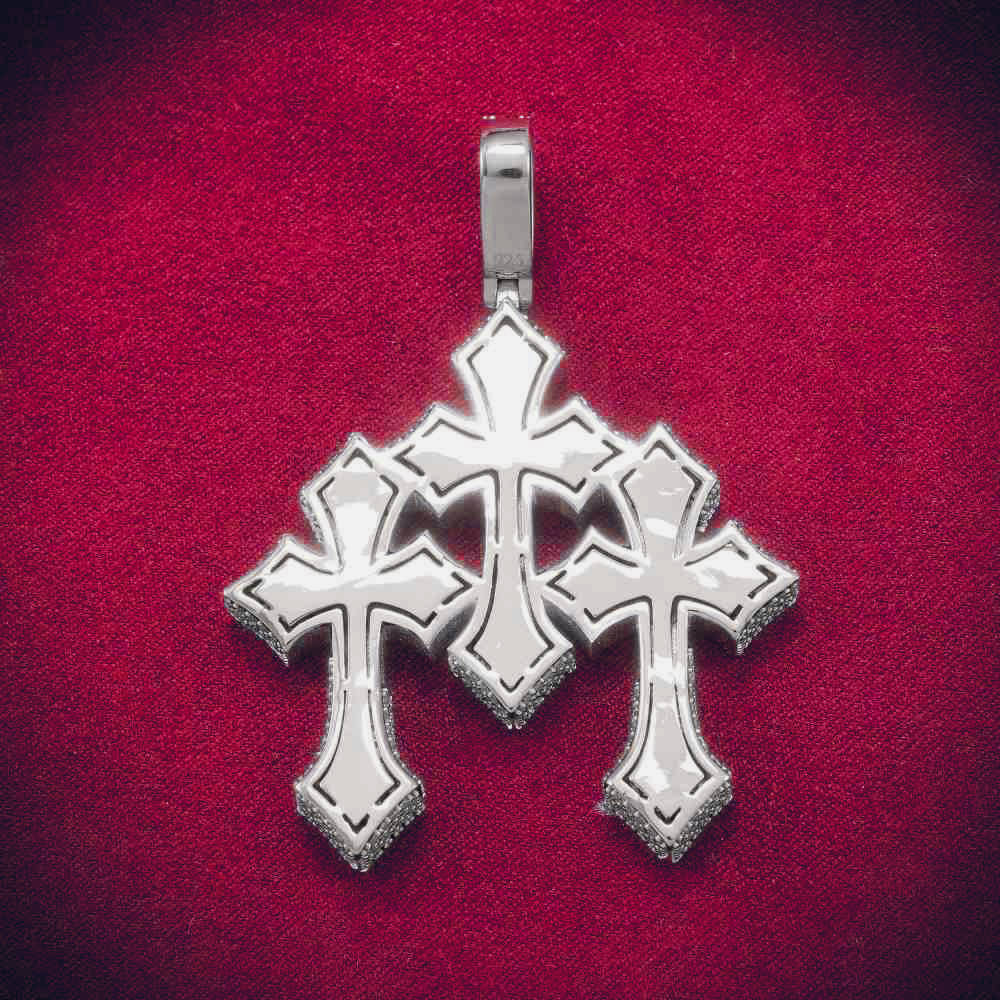 Baguette Moissanite Triple Ornamental Cross Pendant 14K Gold