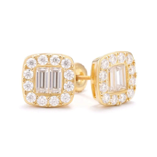 Double Baguette Halo Moissanite Earrings 14K Gold