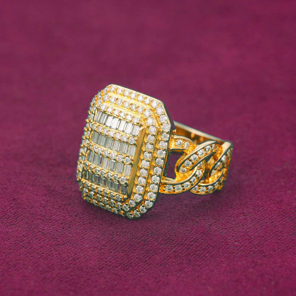 Moissanite Signet Miami Cuban Link Ring 14K Gold