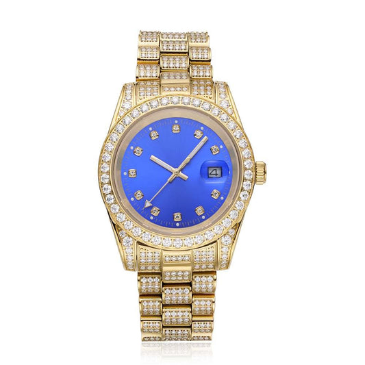 Moissanite Presidential Watch Blue Face 41MM 13.3CT Iced Out 14K Yellow Gold