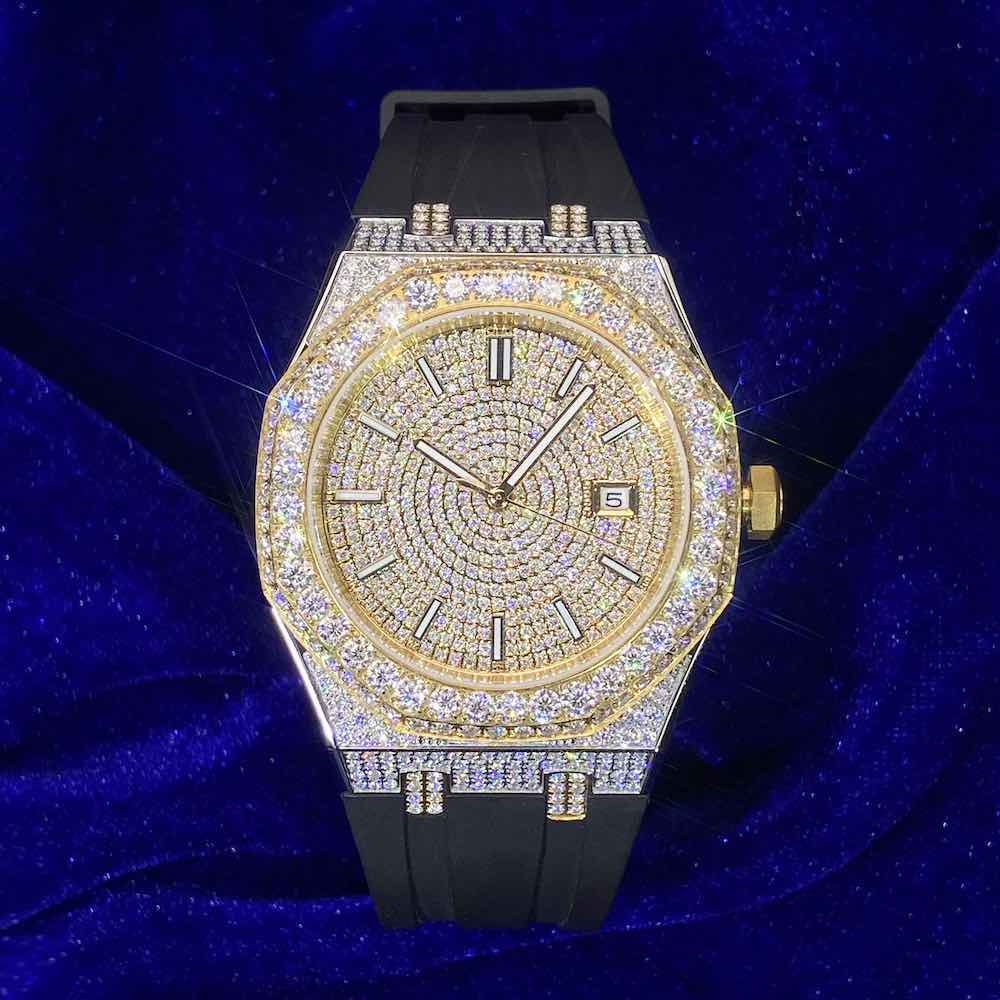 Moissanite Iced Out Silicone Band Watch 13.5CT 14K Yellow Gold