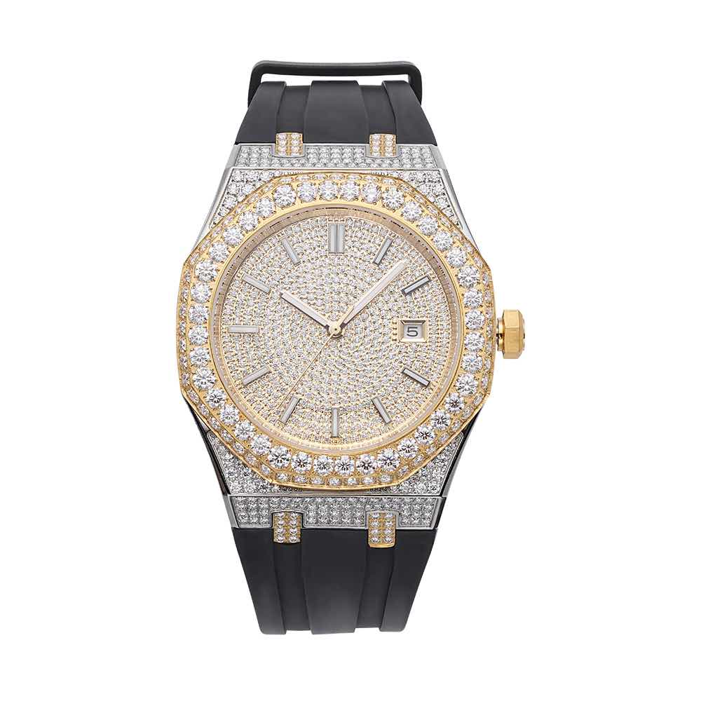 Moissanite Iced Out Silicone Band Watch 13.5CT 14K Yellow Gold