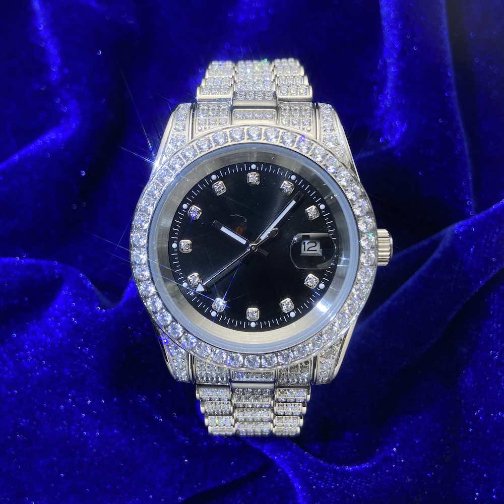 Moissanite Presidential Watch Black Face 41MM 13.3CT Iced Out 14K White Gold