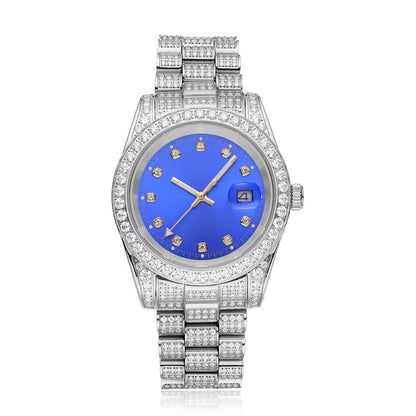 Moissanite Presidential Watch Blue Face 41MM 13.3CT Iced Out 14K White Gold