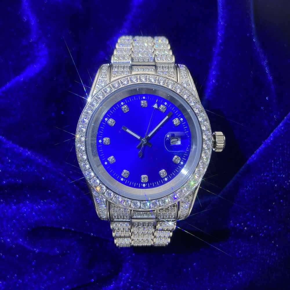 Moissanite Presidential Watch Blue Face 41MM 13.3CT Iced Out 14K White Gold