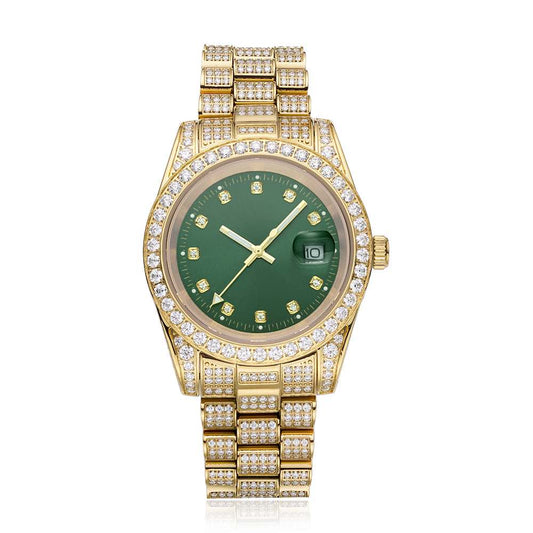 Moissanite Presidential Watch Green Face 41MM 13.3CT Iced Out 14K Yellow Gold