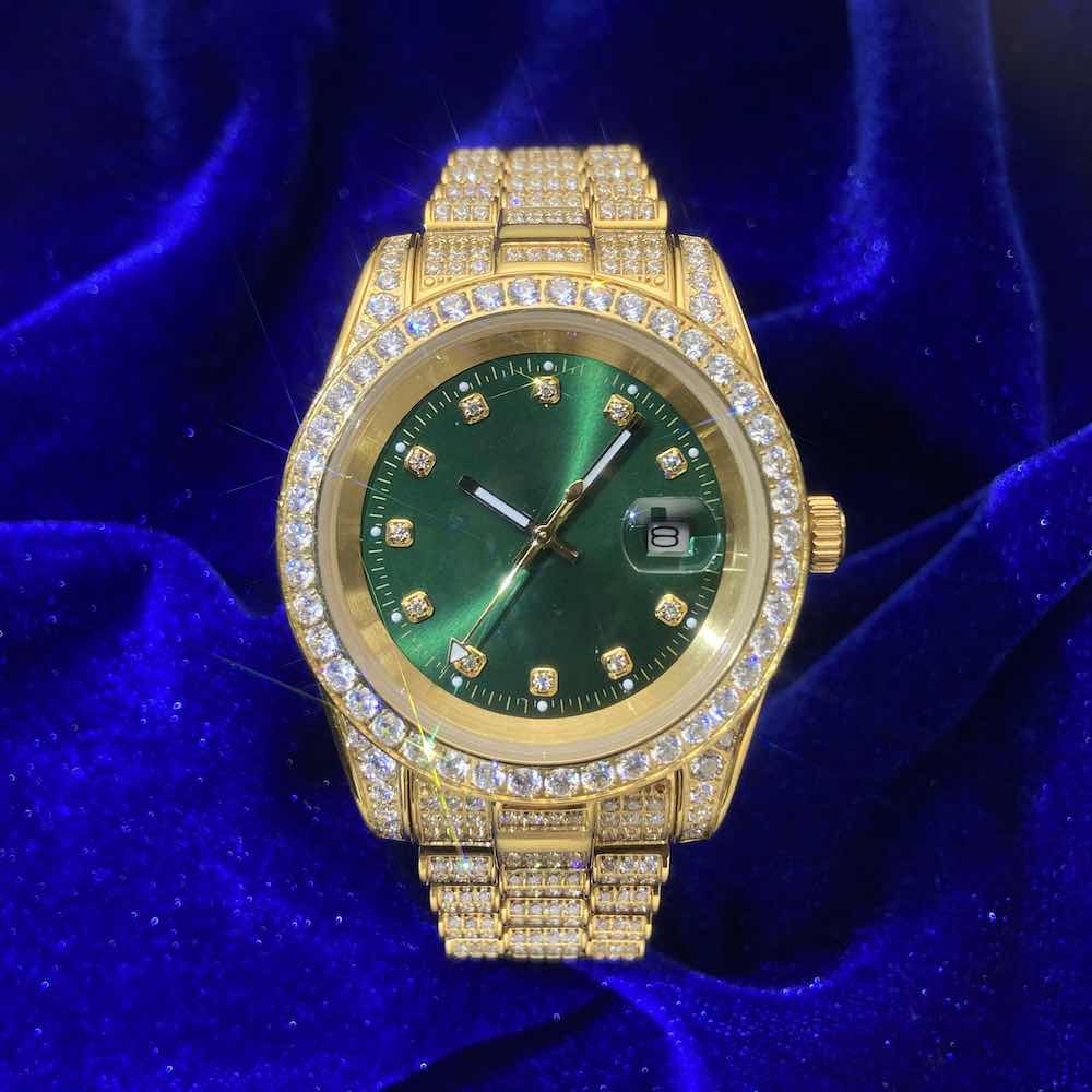 Moissanite Presidential Watch Green Face 41MM 13.3CT Iced Out 14K Yellow Gold