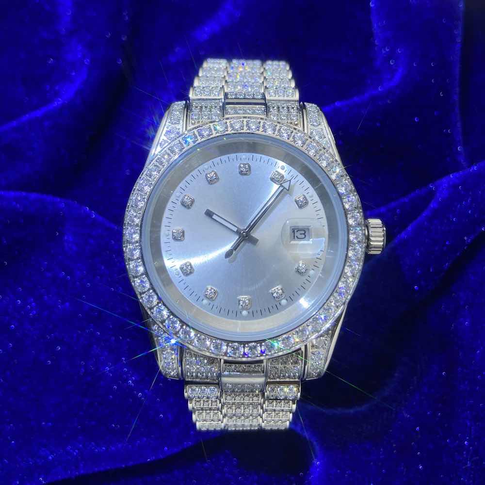 Moissanite Presidential Watch White Face 41MM 13.3CT Iced Out 14K White Gold