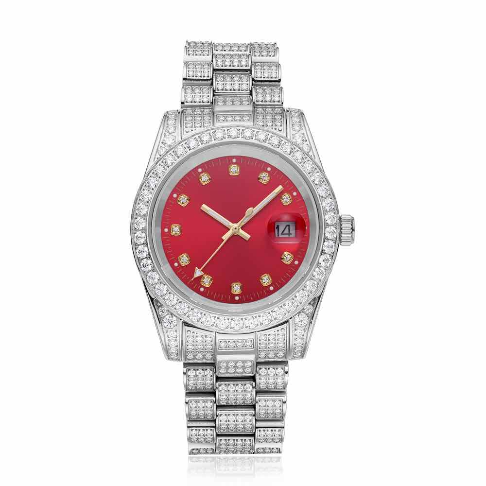 Moissanite Presidential Watch Red Face 41MM 13.3CT Iced Out 14K White Gold