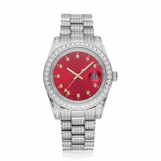 Moissanite Presidential Watch Red Face 41MM 13.3CT Iced Out 14K White Gold