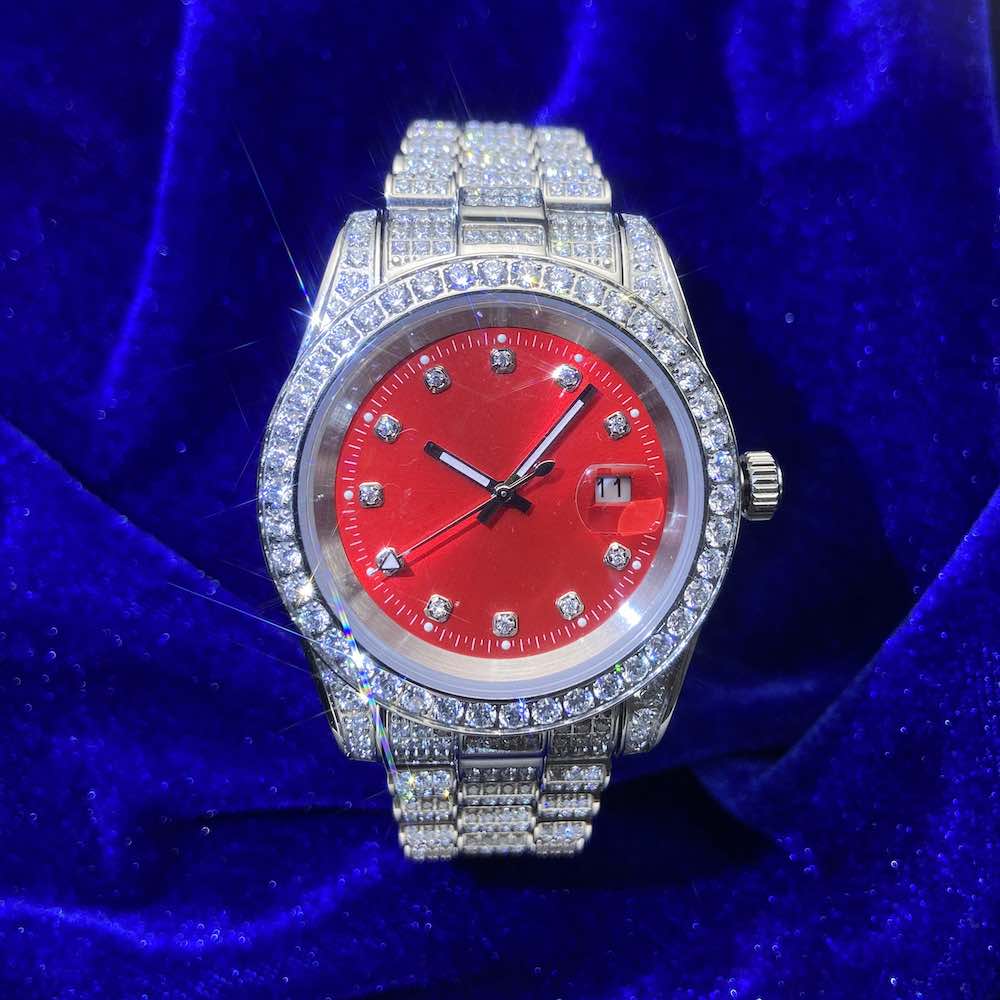 Moissanite Presidential Watch Red Face 41MM 13.3CT Iced Out 14K White Gold