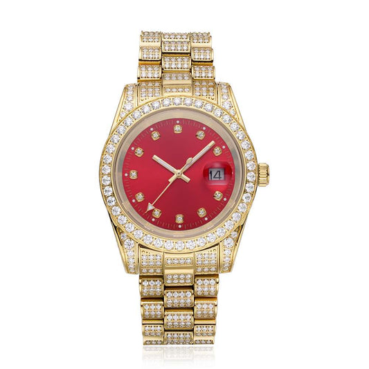 Moissanite Presidential Watch Red Face 41MM 13.3CT Iced Out 14K Yellow Gold