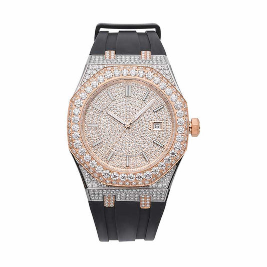 Moissanite Iced Out Silicone Band Watch 13.5CT 14K Rose Gold