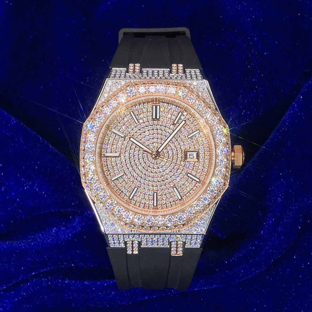 Moissanite Iced Out Silicone Band Watch 13.5CT 14K Rose Gold