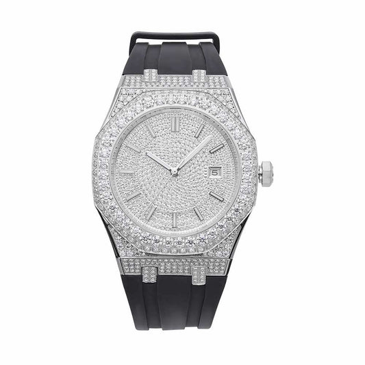 Moissanite Iced Out Silicone Band Watch 13.5CT 14K White Gold