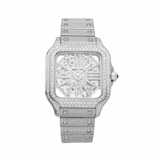 Moissanite Skeleton Watch 42MM 14K White Gold 14.1CT Bust Down