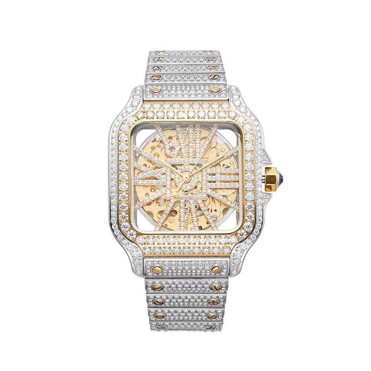 Moissanite Skeleton Watch 42MM 14K Yellow Gold 14.1CT Bust Down