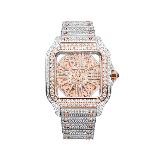 Moissanite Skeleton Watch 42MM 14K Rose Gold 14.1CT Bust Down